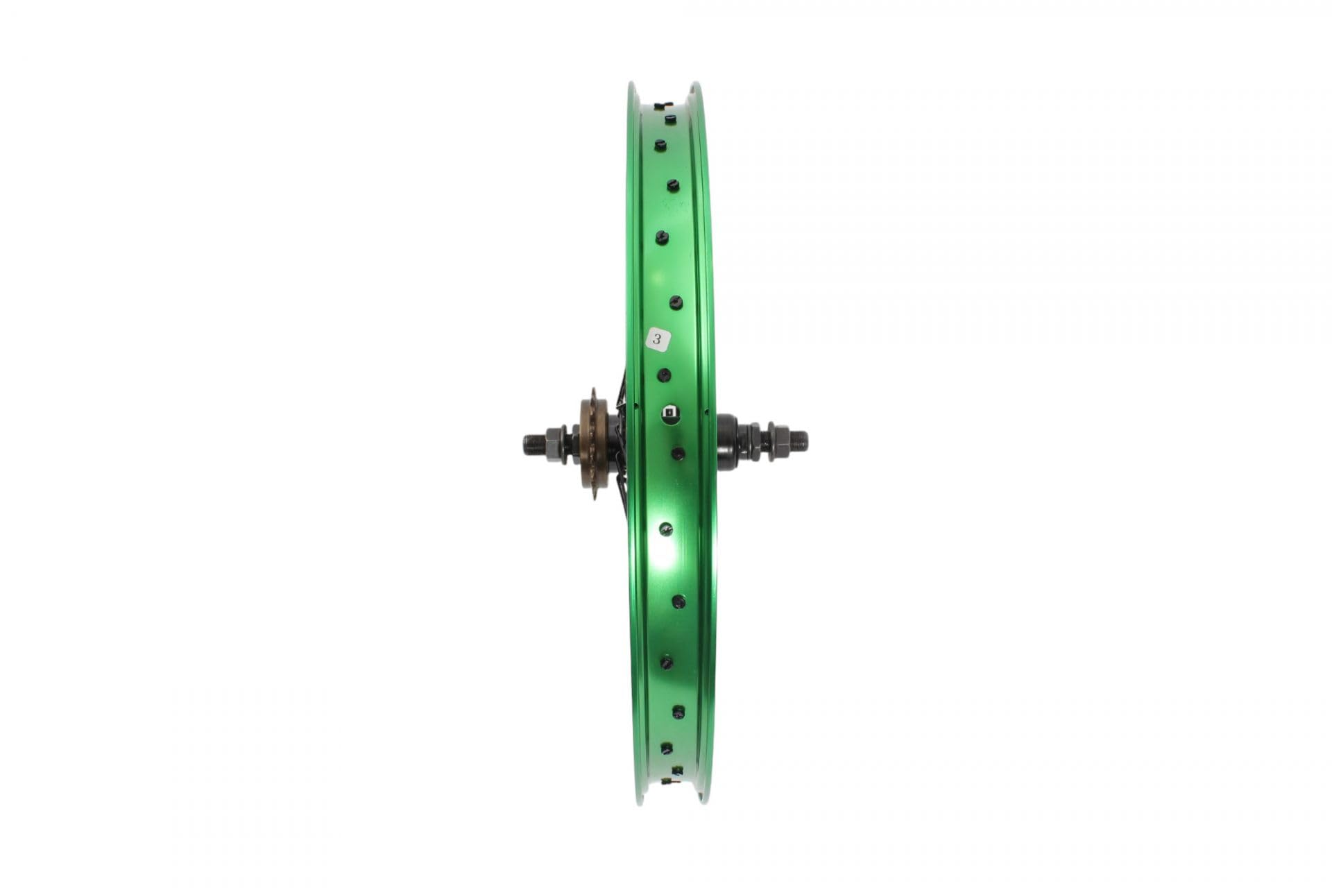 KHE Prism BMX Hinterrad, 20 Zoll, Grün Eloxiert, 14mm Achse, 16T Freilaufritzel, 38mm Felgenbreite