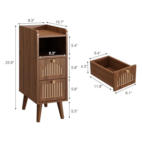 Image of Wnutrees 9.3 inch Narrow Nightstand with 2 Drawer, Fluted Wood End Table, Brown