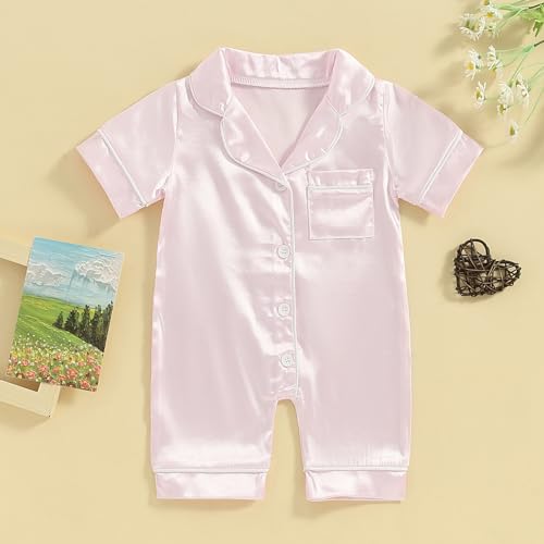 BULINGNA Infant Baby Girl Boy Summer One Piece Pajamas Jumpsuit Short Sleeve Button Down Satin Silk Pjs Sleepwear Onesie2