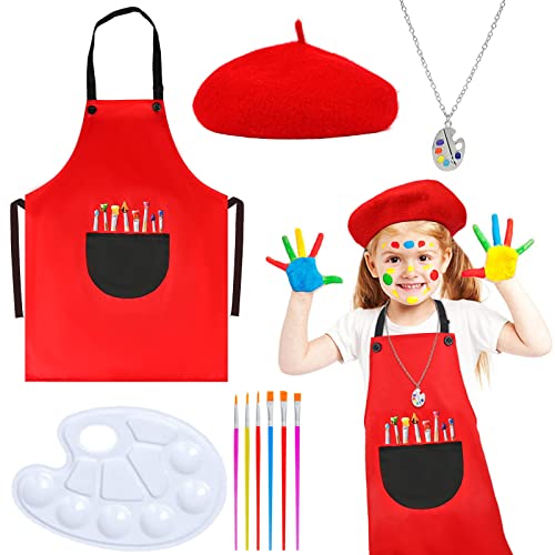 Matiniy 6 Pcs Artist Costume Accessories Set Red Beret Hat,Colorful Footprint Apron,Sketchpad Necklace and Painting Brush And Drawing Board Set for Halloween Career Day Dress-Up (Red)