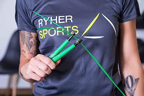 Foto von Ryher Springseil für Double Unders, Fitness Training – Springseil mit verstellbarem 3-Meter Kabel, Tragebeutel, kostenloses extra 3-Meter Kabel, Ersatzschrauben und Gummikappen (Grün)