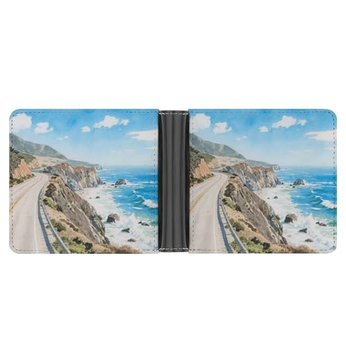 Slim Wallet Highway 1 Ocean View Compact Bifold Wallet with Credit Card Holder Leather Coin Slot ID Window Unisex