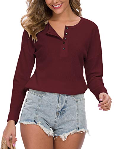 MOLERANI Womens Waffle Knit Tunic Tops Loose Long Sleeve Button Up V Neck Henley Shirts (M, Wine Red2)