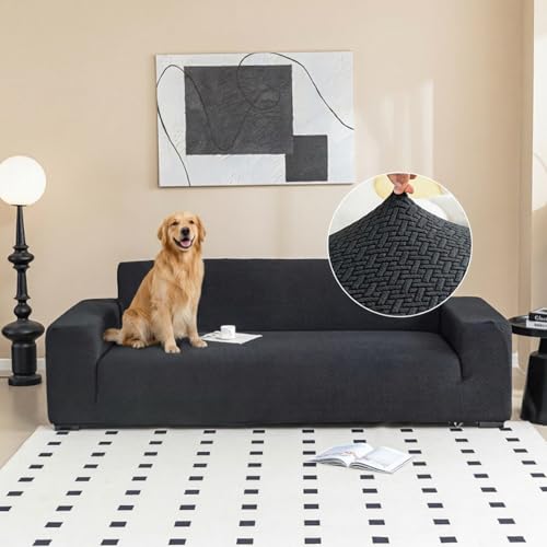 Hearda Funda de Sofá 3 Plazas 170-220cm, Elástica Jacquard Cubre Sofá con Reposabrazos Antideslizante Protector de Muebles para Perros Gatos -Negro