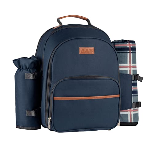 AAB Picnic Backpack for 4 Person Set Portable Picnic Bag with Cooler Compartment, Detachable Bottle/Wine Holder, Fleece Blanket, Plates and Cutlery, Gifts for Family Camping (Navy Blue)