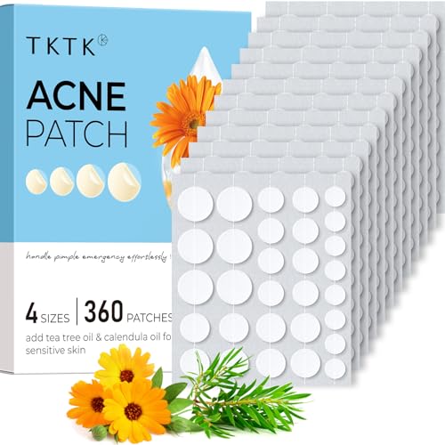 TKTK Hydrocolloid Acne Patches, Pimple Patches for Face with Tea Tree &amp; Calendula Oil - 4 Sizes Clear Cover Stickers, Invisible for Day &amp; Night Use (360 Count)