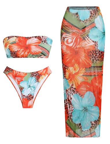 Image of ZAFUL Womens 3pcs Bikini Swimsuits Bandeau 3 Piece Swimwear High Cut Bikini Sets with Long Sheer Coverup Dress