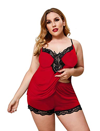 XAKALAKA Women Plus Size Pajamas Set Cami Shorts Set Modal Lingerie Lace Sleepwear Nightwear Red 2X