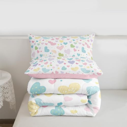 Image of Erosebridal Cute Heart Queen Comforter Set Valentine Love Heart Bedding Set for Kids Teens Rainbow Hand Drawn Style Comforter Cartoon Geometric Duvet Insert