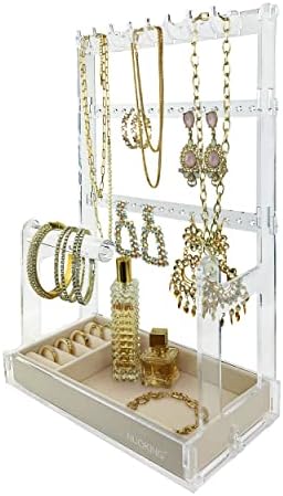 NUOKING 5 Levels Jewelry Stand Display for Rings, Bracelets, Necklaces, Earrings and Other Small Accessories - Organizer with Container tray