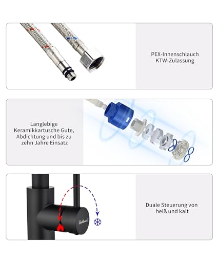 Wasserhahn Küche Ausziehbar,Hochdruck Küchenarmatur mit Herausziehbarer Brause Mischbatterie Küche mit 3 Funktionen 360°Drehbar,Kitchen Faucet Zwei Sprühfunktionen(Schwarz)