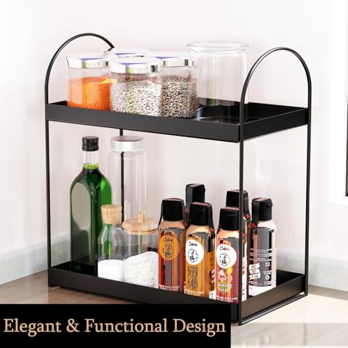 Image of IVAZA Compact 2-Tier Counter Organizer Shelf for Kitchen Spices, Bathroom Makeup Display Stand, Multifunctional Storage Rack for Home Decor and Essentials Black