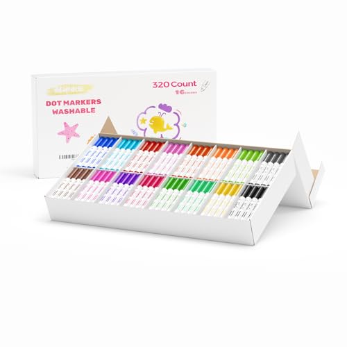 Blynkie Washable Dot Markers Bulk Pack of 320 with 16 Vibrant Colors Shimmer Bingo Paint Daubers Supplies for Toddlers Preschool Student Painting Art and Crafts Non Toxic Water-Based