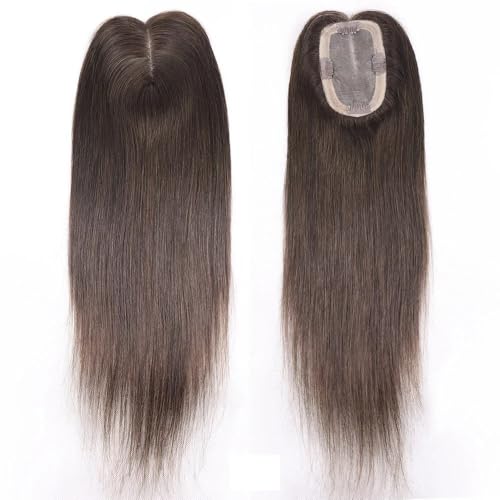 Toppers de cabello humano para mujeres sin flequillo, 7,6 x 12,7 cm, monofilamento, bases grandes, con clip, postizos de 40,6 cm, añade volumen al cabello (marrón oscuro)