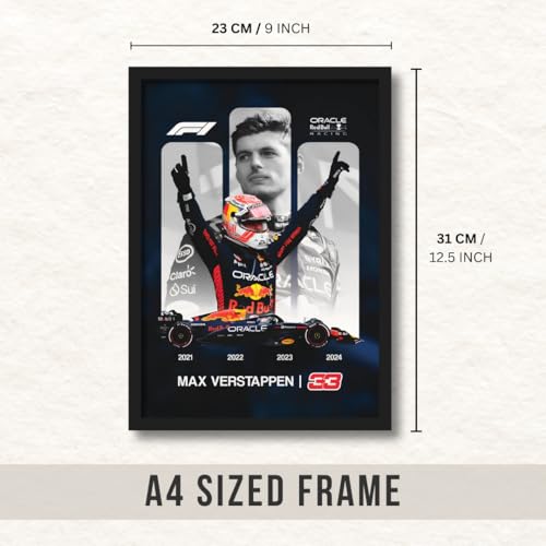Image of ArtAction Max Verstappen Wall Frame Poster | F1 Racing Car Decor for Bedroom, Office | A4 Size | F1 Driver Art | Sport Gift for Fans, Men & Boys