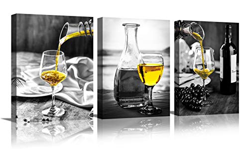 Kitchen Wall Art For Dining Room,Wine Painting Artwork Poster Black White Canvas Yellow Wine In Cups Pictures For Home Decorations #TOP22