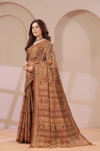 Image of TAMAIRA FASHION Off White Mulmul Pure Cotton Saree For Woman Warli Printed|Office Wear Daily Wear Sarees For Women Without Blouse Piece (Available in 21 Colours)