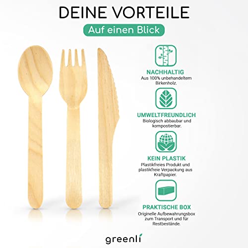 greenli® Einwegbesteck Set - 150 Holzgabeln, Holzmesser und Holzlöffel - Nachhaltiges Holzbesteck Einweg - Image 6