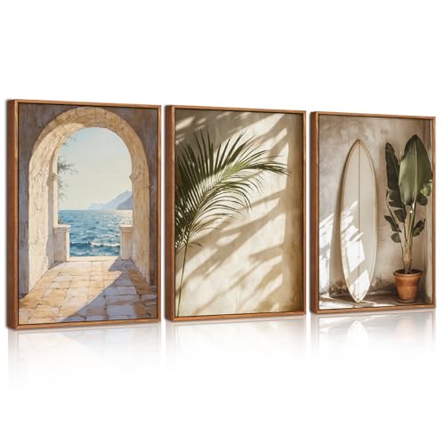 Celestdeco French Landscape Framed Canvas Wall Art Set, Ocean Coastal Style Wall Decor, Palm Tree Surfboard Wall Painting, Ocean Seascape Poster for Living Room, Bedroom 30x40cm