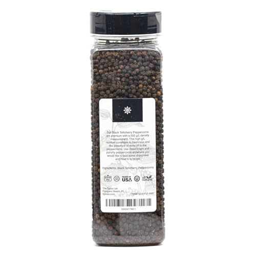 Image of The Spice Lab Black Tellicherry Peppercorns for Grinder, 18 oz Tub | Steam Sterilized Kosher Non-GMO All Natural Black Pepper - Packed in the USA - Resealable Bag for Pepper Mill Refill
