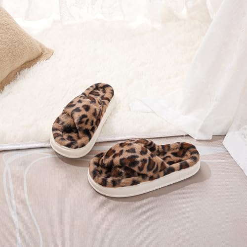Fuzzy Open Toe House Slippers for Women, Plush Leopard Cross Band Slides, Soft Plush Faux Fur Lining Bedroom Shoes, Non-Slip Winter Indoor Slippers4