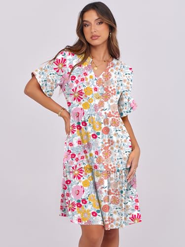 Image of ANRABESS Women's Summer Casual Dress, V-Neck Ruffle Sleeve Tiered Mini Dress, Soft Comfy Fabric with Pockets for All-Day Wear
