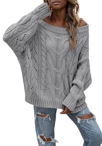 LAJIOJIO Womens Sexy Off The Shoulder Sweaters Oversized Knit Long Sleeve Crochet Pullover Sweater Top3