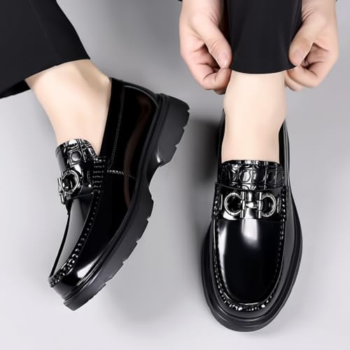 High - end Men's Chunky Platform Loafers, Comfy Slip - On Penny Loafers. Shiny Patent Leather Dressy Shoes for Work, School, Party with Buckle4
