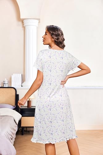 Image of Ekouaer Nightgowns for Women with Pockets Button Front Short Sleeve House Dresses Floral Print Mumu Dress