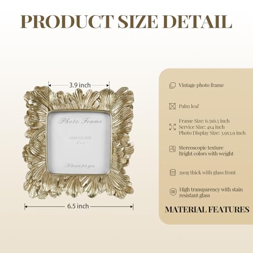 Gold Picture Frames 4x4, Vintage Gold Resin Photo Frame Palm Leaves Textured with Glass Front, Elegant Retro Square Frame for Wall and Tabletop Display Home Decor