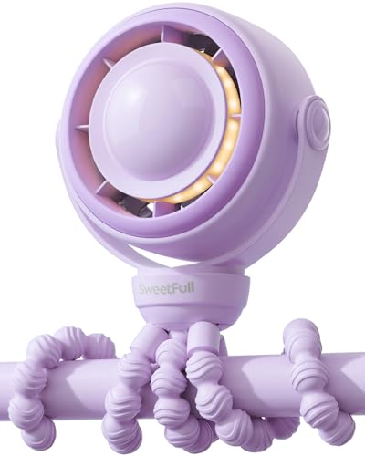 Image of SWEETFULL Baby Stroller Fan - 4000mAh Rechargeable 4-Speed Quiet with LED Display & Night Light, Mini Portable 360 Clip On Safe Fan for Car Seat, Crib, Travel - Purple