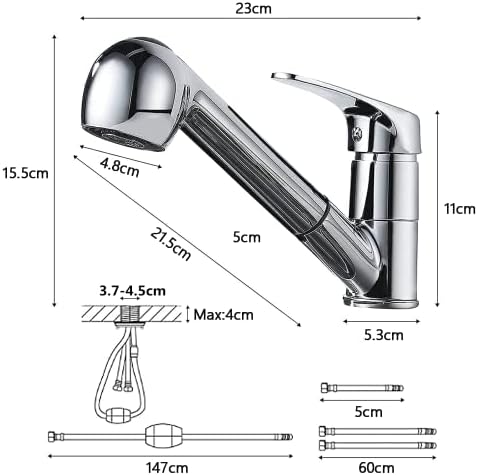 kisimixer Pull Out Kitchen Tap 360° Swivel Spout Kitchen Sink Tap with 2 Water Outlet Modes, Basin Mixer Tap for Kitchen Sink Pull Down Sprayer, Chrome