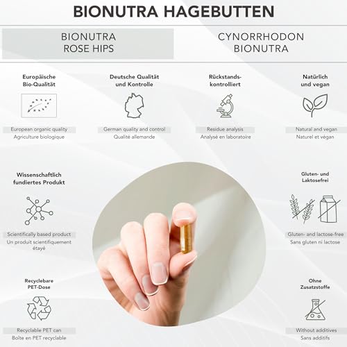 BIONUTRA© Bio Hagebutten Kapseln, 270 Stück à 650 mg hochdosiert, vegan & ohne Zusätze, Rückstandskontrolliert, Deutsche Herstellung aus Hagebutten Bio Pulver