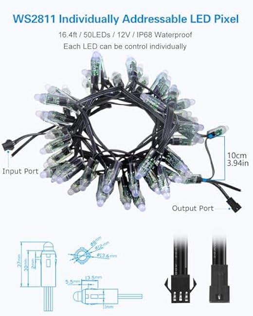 ALITOVE 50pcs DC 12V WS2811 LED Pixel 12mm Round Diffused RGB Addressable Dream Color Round LED Bullet Pixels Module IP68 Waterproof for Billboard House Halloween Christmas Decor