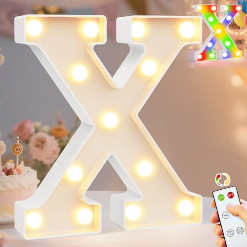 Image of Pooqla LED Light Up Letters, Warm White and Colorful Lighted Marquee Letters with Remote, Lighted Letter for Party Birthday Decorations, Gift for Girls Boys Night Light, Wedding Home Decor, Letter X