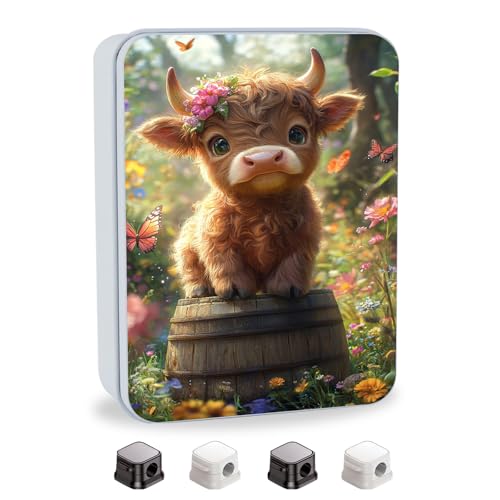 Image of Metal Tin Box with Lid for Game Cards Home Large Organizer Candles Keys Crafts Storage - Comes with 4 Magnetic Cord Clips,Cute Highland Calf Floral