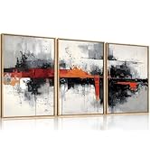 HOURIA Modern Abstract Framed Canvas Wall Art Set,Neutral Black and Orange Wall Decor,Textured Gr...