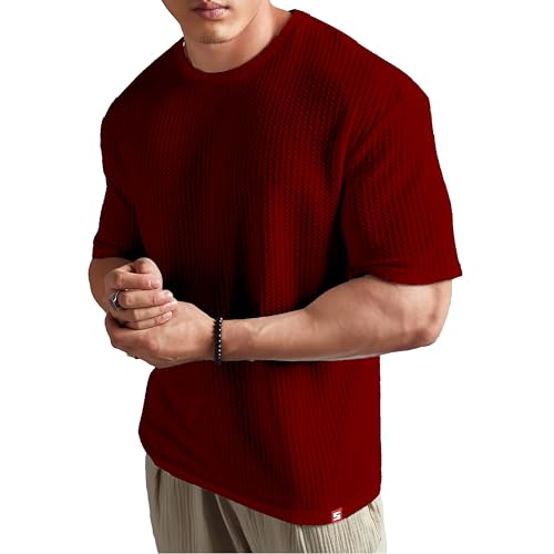 Image of SHODOX Men Oversized T Shirt Solid Dotted Design | Round Neck Loose Fit Drop Shoulder Casual T-Shirt for Men