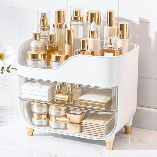 Asdbko Makeup Organizer for Vanity with Large Smooth Drawers Extra Large Skincare Organizer for Bathroom Countertop and Dresser Crystal Clear Cosmetic Storage Display Case for Beauty Products