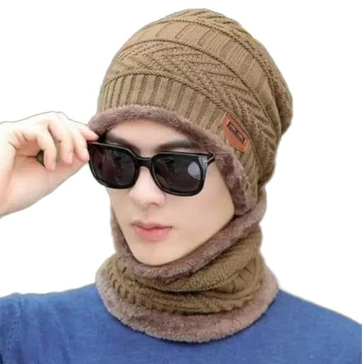 New Latest Winter Knit Thick Fleece Woolen Combo of Beanie Cap Hat and Faux Fur Lining Wool Neck Muffler Scarf for All Girls, Boys, Men, Women. AAD-P547-image-6