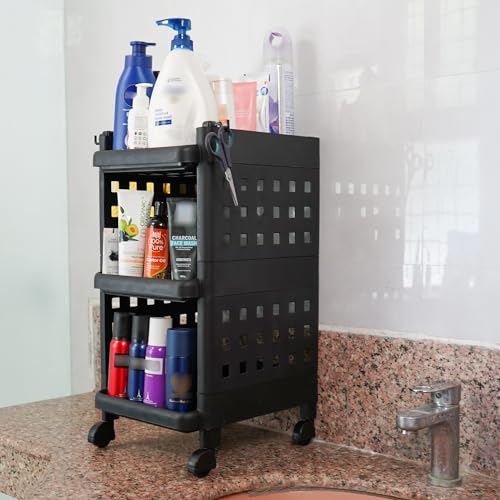 Image of ADA Plastic Premium Multipurpose Storage Rack Organizer with Wheels & Hooks for Living Room,Office,Bedroom,Bathroom,Kids Room Modern Onion Potato Rack for Kitchen Trolley Cart Stand (Black-3 Layer)