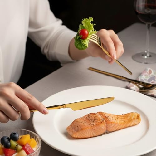 Image of 5 Pcs Gold Cutlery Set for Dining Table the Perfect Lightweight Silim Handle Tableware Including Dinner Spoon, Dinner Fork, Dinner Knife, Dessert Spoon & Dessert Fork