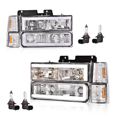 Image of GRAND ORANGE LED DRL Headlight Assembly Compatible with GMC C1500 K1500 Yukon 1994-1999, Fit GMC C1500 C2500 K1500 K2500 Suburban 1994-1999 5977460 GM2801104 5977737 Left & Right Headlamps
