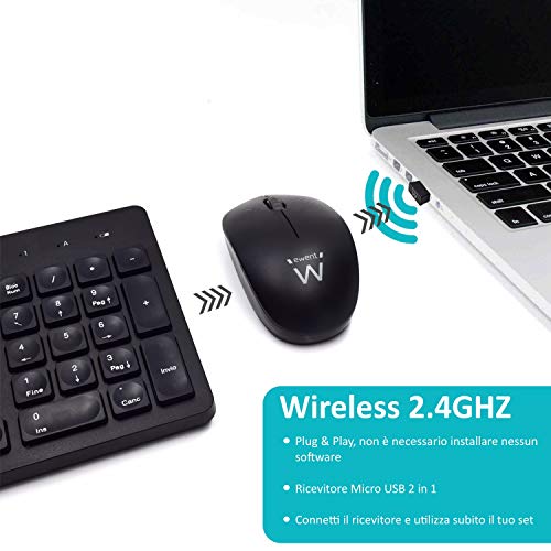 Ewent Tastiera e Mouse Wireless, Kit tastiera Mouse Wireless, Tastiera con tasti concavi, Ricevitore 2-in-1 per PC, Notebook, Laptop, Layout Italiano