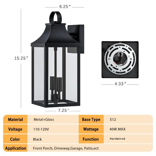 Image of 15 inch Black Outdoor Wall Lantern 2-Light, Outside Wall Sconce Light | Industrial Porch Light Wall Mount with E12 Sockets, Waterproof Modern Exterior Lamp Lighting, Black (No Sensor)