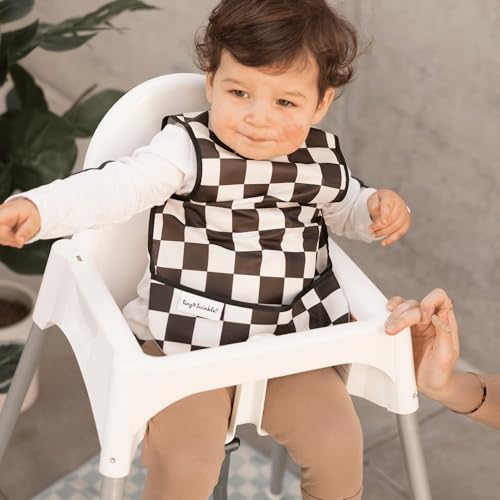 Image of Tiny Twinkle Mess Proof Baby Bib for Boys | Waterproof Toddler Bib for Eating | Baby Apron for Feeding, Machine Washable | Perfect Shower Gift (Black Checkers, 6-24M)