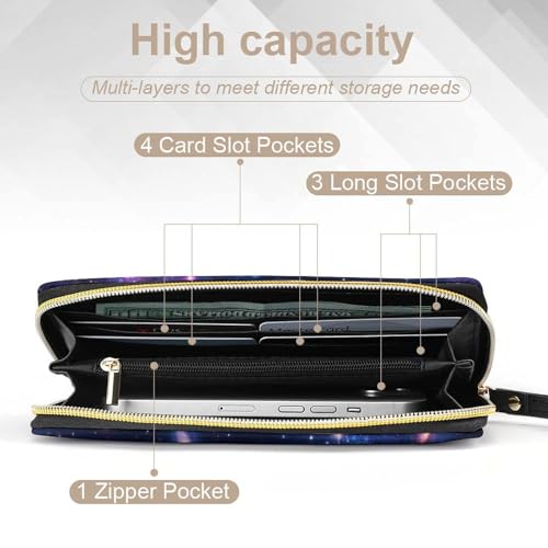 Womens Wallet, Waterproof PU Leather Wallet, Large Capacity Credit Card Holder Space Galaxy Constellation Zodiac Star Purple Blue Coin Zipper Clutch Purse4