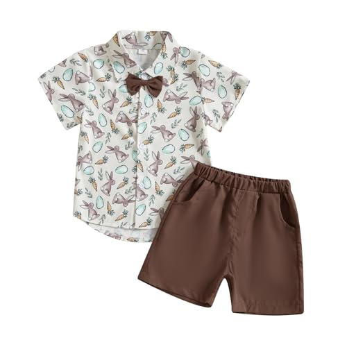 Image of Owl's-Yard Baby Boy Easter Outfits Rabbit Carrot Short Sleeve Button Down Shirts and Solid Color Shorts 2 Pcs Summer Set