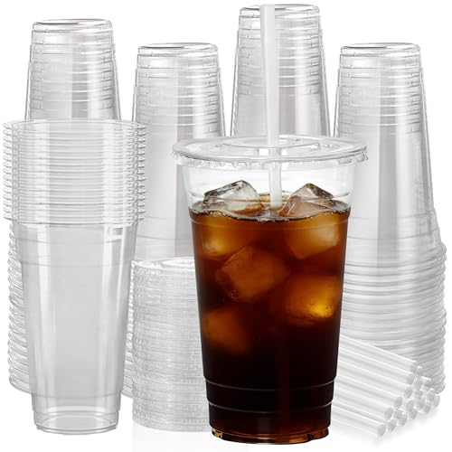 cundao 100 Pack 24 oz Clear Plastic Cups with Lids and Straws [Leak-Proof & Snap-Tight Design] Disposable Iced Coffee Cups for Smoothies Bubble Tea and Cold Drinks BPA Free Sturdy PET Tumblers