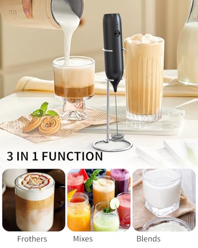Image of CIRCLE JOY Rechargeable Milk Frother Handheld with Stand, Double Coil Whisk Coffee Frother Wand Drink Mixer for Coffee, Cappuccino, Lattes, Frappe, Matcha and Hot Chocolate, Black